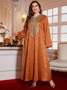 Al Najma 大码优雅提花面料传统金色串珠领阿拉伯风格服装