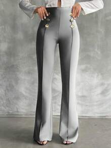 SHEIN Tall 高码双排扣装饰喇叭裤 - 灰色 - 查看 1