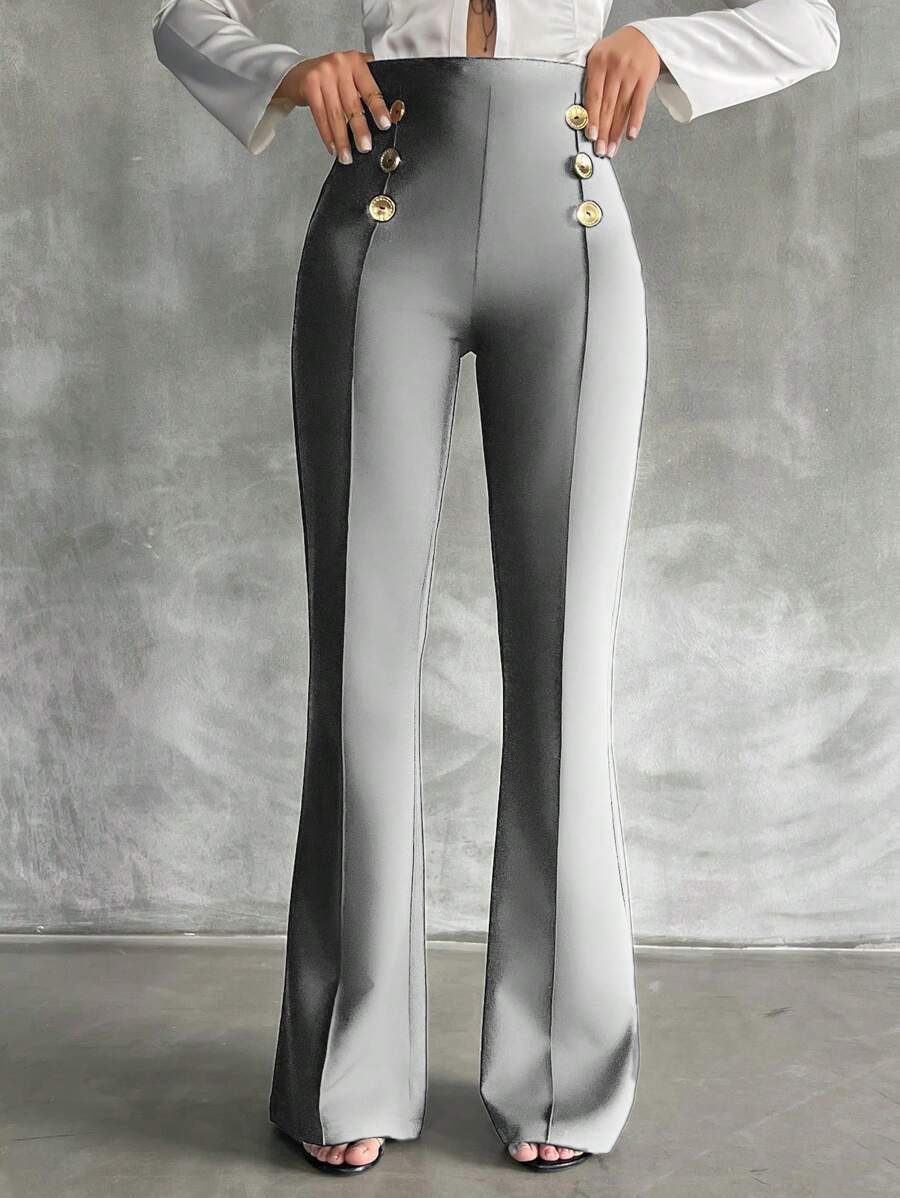 SHEIN Tall 高码双排扣装饰喇叭裤 - 灰色 - 查看 1