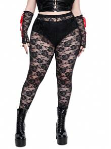 Whyspr Lencería de Día de San Valentín para tallas grandes, leggings de encaje calado con estampado de rosas para el verano