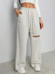 SHEIN PETITE Ripped Drawstring Waist Wide Leg Sweatpants - Grey - View 6