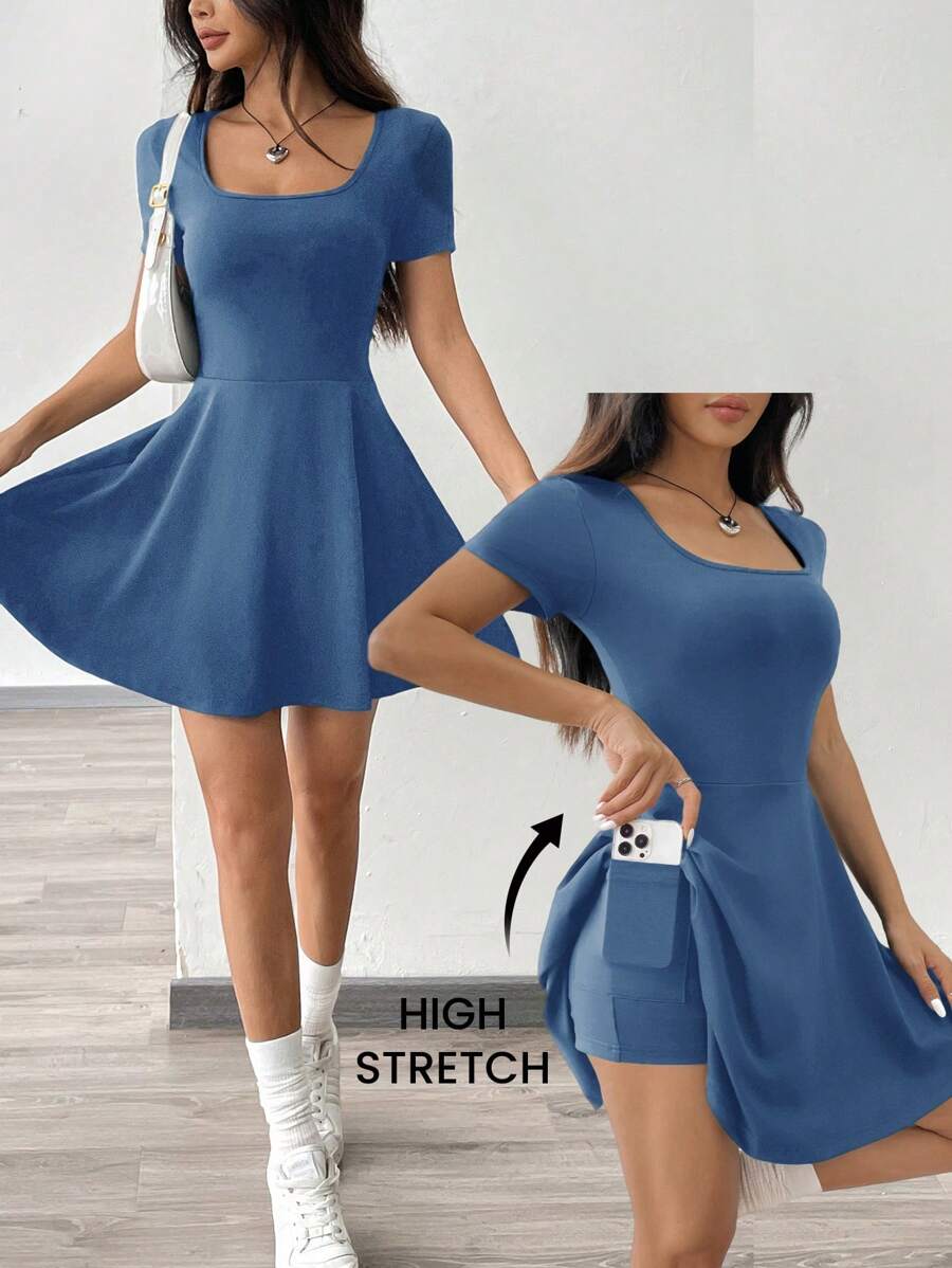 SHEIN EZwear Gray-Blue Knitted Women's Short Dress - Blue - View 1