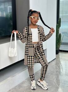 SHEIN Tween Girl NOVA Store 日常休闲针织格子印花长袖开衫上衣搭配紧身裤套装 - 卡其色 - 查看 6