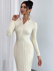 Firerie Women V-Neck Long Sleeve Fitted Solid Color Sweater Dress