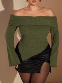 SHEIN BAE Áo lót bó sát tay dài một bên vai màu xám trơn cỡ lớn dành cho nữ, thích hợp mặc nhiều lớp trong mùa thu/đông, hẹn hò lãng mạn, dịp trang trọng, tiệc tùng, đi làm hàng ngày, đi chơi buổi tối, mặc váy - xanh quân đội - Xem 6