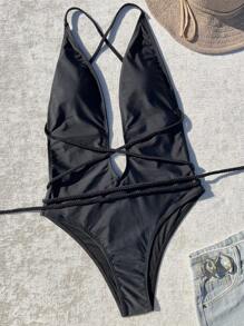 SHEIN Swim Summer Beach Women's Deep V-Neck Back Cross Straps One-Piece Swimsuit