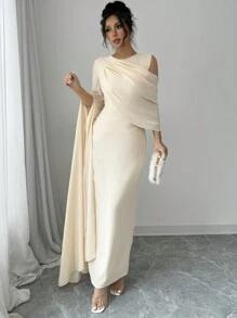 Rafferiza Vestido elegante francés de mujer de unicolor, cuello redondo, un hombro, manga extra larga con abertura, con pliegues - Albaricoque - Ver 7