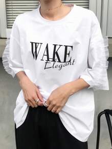 FRIFUL 女士白色宽松字母印花网眼拼布圆领短袖 T 恤，夏季