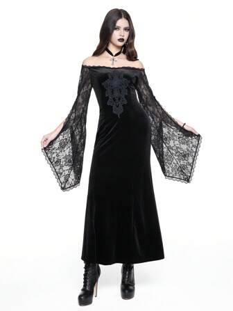 Robe gothique de style vampire avec décorations en dentelle soluble dans l'eau, épaules dénudées, manches évasées, style sirène, pour Halloween