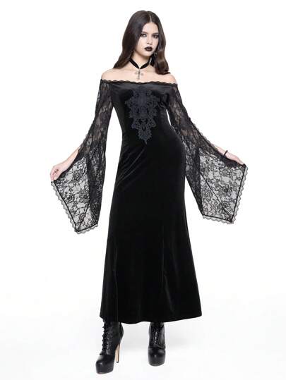 Dunkel Vampir Gothic Stil körperbetontes wasserlösliches Spitzen-Applikations-Dekor Meerjungfrau Off-Shoulder Glockenärmel Kleid, Halloween