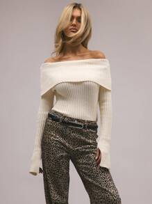 MUSERA Top de manga larga de punto acanalado estilo Bardot para primavera - Crema - Ver 1