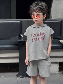 Dazy Kids 2pcs Young Boy Letter Print Detail Minimalist Hoodie And Shorts Set - Grey - View 2