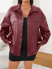 SHEIN EZwear Plus Size Burgundy Minimalist PU Collar Shacket, Early Autumn