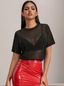 SHEIN BAE Sheer Glitter Mesh Top Without Bra - Black - View 6