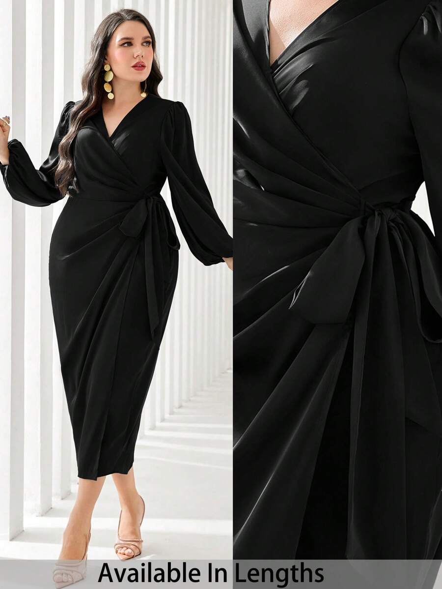 SHEIN PETITE CURVE 加大灯笼袖结饰侧裹身连衣裙 - 黑色 - 查看 1