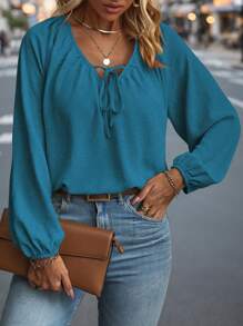 EMERY ROSE Plus Size Women's Solid Color Front-Tie Raglan Sleeve Casual Blouse Fall Cloth For Women - Blue - View 3