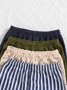 SHEIN Leap Crew 4 件套男婴彩色条纹帆船印花和纯色松紧腰休闲短裤套装，适合男孩和女孩 - 彩色 - 查看 3