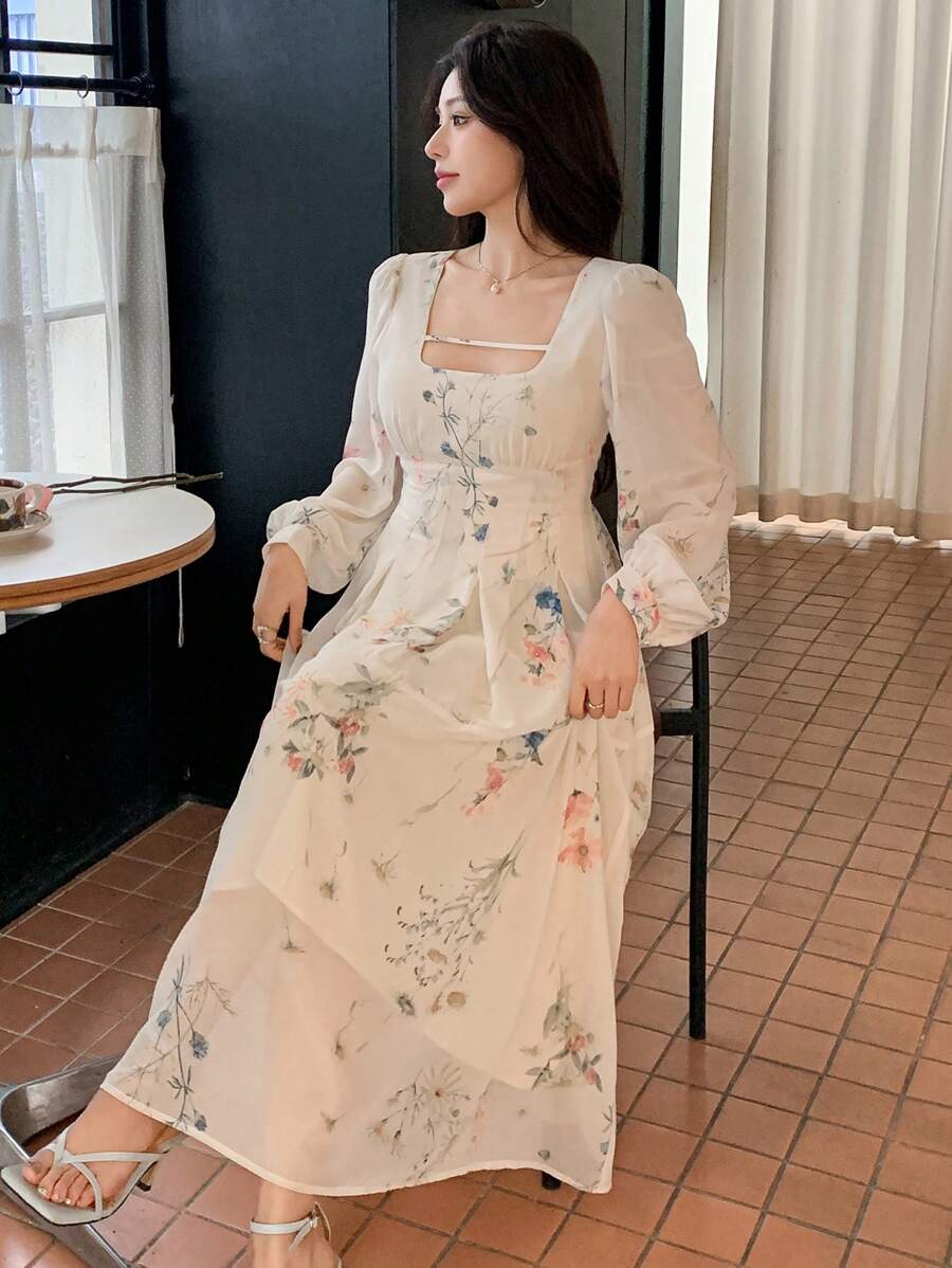 DAZY Đầm midi tay dài in hoa cổ vuông cho nữ, Đầm thu, Đầm dài tay - Màu be - Xem 1