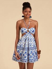 Travachic Women's Halter All-Over Print Hollow-Out Casual Short Dress