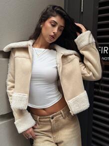 Forever 21 Women's Autumn/Winter Contrast Color Faux Shearling Collar Zipper Front Casual Jacket - Apricot - View 5