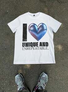 Manfinity EMRG Men's Casual Round Neck Short Sleeve Letter Print Simple Tops, For Daily Wear - White - View 1