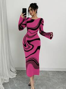 Elenzga 女式拼色圆领长袖修身收腰休闲连衣裙