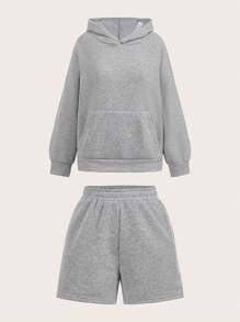 Jouncy Women 2pcs Set Casual Solid Color Hoodie And Shorts, Autumn