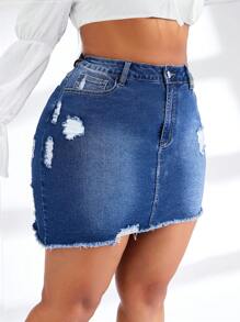 SHEIN SXY Plus Size Women Stretchy Denim Skirt With Asymmetrical Hemline, Distressed Ripped Design, Sexy Skirt - Dark Wash - View 6