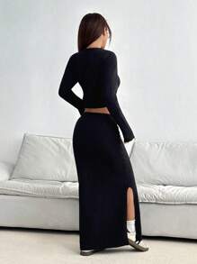 SHEIN Unity 女士纯色纽扣长袖上衣和开衩下摆短裙毛衣套装 - 黑色 - 查看 2