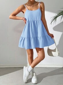 SHEIN EZwear Đầm mini thường ngày màu trơn cho nữ, viền bèo nhún, kiểu dáng đơn giản, mặc hàng ngày - Màu xanh nhạt - Xem 4