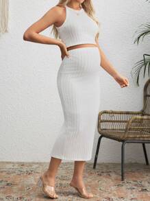 SHEIN Maternity Solid Tank Top & Adjustable Waist Pencil Skirt Set - White - View 4