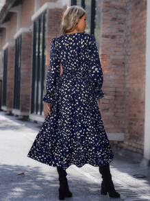 SHEIN LUNE 女士花卉印花 V 领荷叶边长袖优雅连衣裙，秋季 - 藏蓝色 - 查看 2