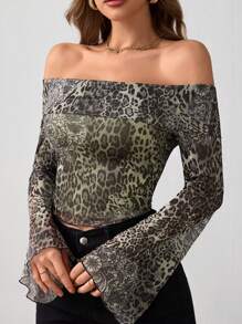 SHEIN EZwear Top con stampa leopardata in in rete a spalle scoperte di moda - Multicolore - Visualizzare 2