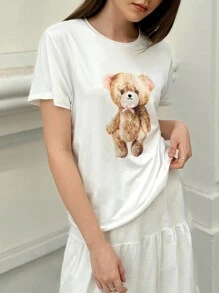 Jouncy 女士卡通熊印花圆领短袖休闲 T 恤