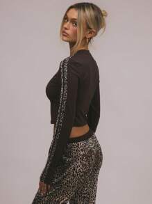 MUSERA 豹纹长款长袖上衣，适合度假、春夏穿着 - 棕色 - 查看 2