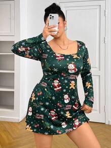 SHEIN EZwear Plus Size Christmas Print Square Neck Long Sleeve Dress - Green - View 5