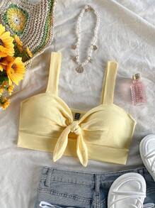 Soleia Women's Solid Color Front Knotted Hollow Cropped Camisole Top, Suitable For Vacation - Yellow - View 4