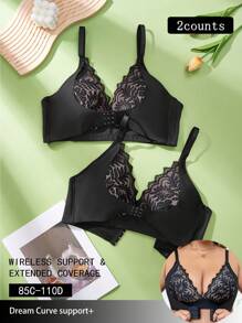 Wedaily 2 pièces Ensemble de soutien-gorge sans fil à empiècement en dentelle grande taille - Noir - Voir 3