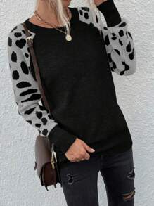 SHEIN LUNE Women's Leopard Print Round Neck Raglan Sleeve Pullover Sweater, Autumn/Winter Knit Pullover Fall Sweater - Multicolor - View 4