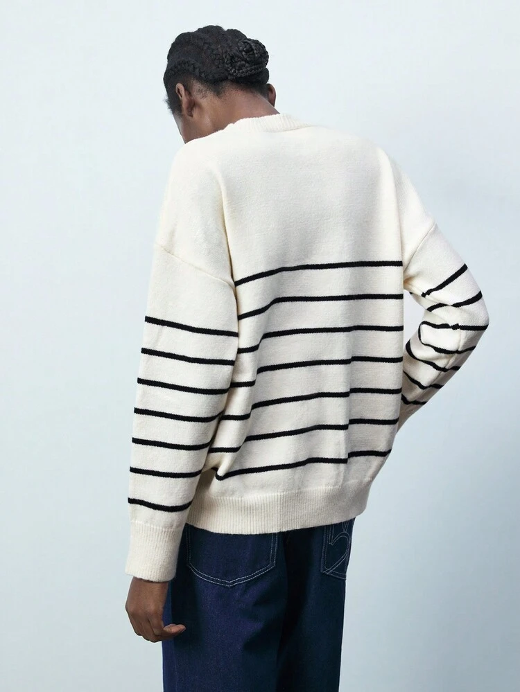 SHEIN Maija Maglione ampio a maniche lunghe a collo tondo, a maglia lenta, con grafica ricamata a righe, per uso casual quotidiano, adatto per autunno/inverno, occasioni festive
