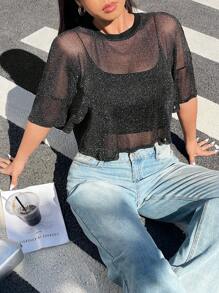 Muchica Plus Size Sheer Glitter Mesh Round Neck Short Sleeve Pullover Top, For Summer