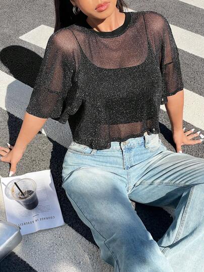 Muchica Blusa holgada con cuello redondo, manga corta y detalles de malla brillante translúcida, para talla grande, para verano