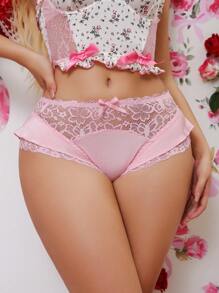 Romantic Floral Lace Ruffle Satin Double Layer Sweet Bow Comfortable Pink Brief, Valentin's Day Lingerie - Pink - View 4