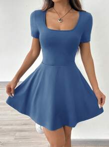 SHEIN EZwear Gray-Blue Knitted Women's Short Dress - Blue - View 7