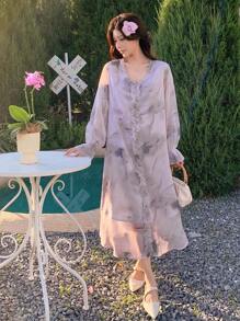 DAZY Women Floral Print Long Dress With Ruffle Sleeves,Casual Women Dresses,Fall Dress Long Sleeve Dress - Purple - View 5