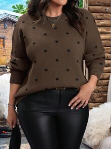 SHEIN LUNE Áo len chui đầu cổ tròn tay dài họa tiết tối giản giản dị cỡ lớn dành cho mùa thu đông - Lạc đà - Xem 5