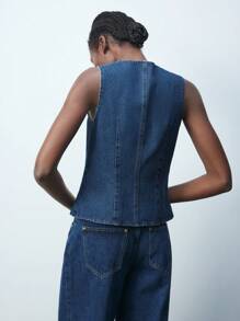 Maija 蓝色 V 领单排扣宽松休闲马甲无袖牛仔上衣，适合春夏季，西式女装，独立日/7 月 4 日，圣约翰，毕业典礼，节日服装，外出，老钱 - 藍色 - 查看 3