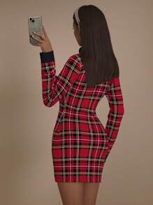 SHEIN ICON Women's Elegant Long Sleeve Collared Colorblock Plaid Dress