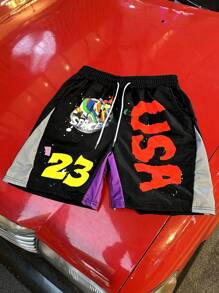 Manfinity EMRG 3pcs Men Graffiti Pattern Digital Print Patchwork Shorts Set ,Men's Young Street Style Oversized Number English Starry Sky Graffiti Color-Block Shorts Three-Piece Set.