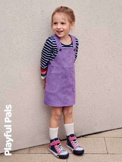 SHEIN 2 Pcs Young Girls Sets Classic Blue And White Striped Sleeve Patchwork Rainbow Color Basic T-Shirt & Corduroy Side Pocket Suspender Dress Suits Cute/Vintage/Casual/Outing Autumn/Winter/Spring Suitable For School And Outings